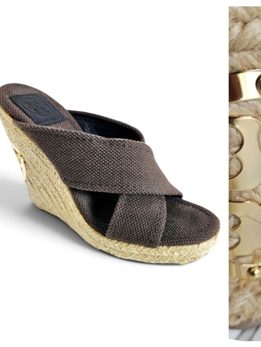Tory Burch Espadrille Wedge Sandals 7 Kristen Crisscross TT Logo Chocolate Brown